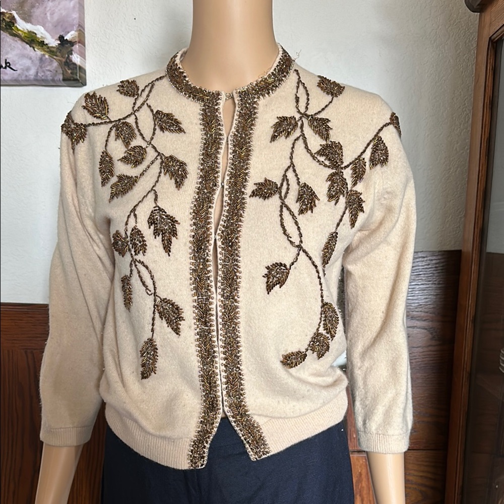 Vintage Cream Cardigan with Brown Leaf Beading
